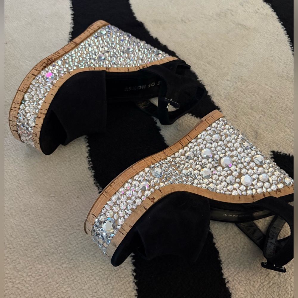 Elegant Black and Silver Crystal Wedge Sandals